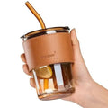 Bamboo Joint Glass Cup with Lid & Straw | 13oz Can - Shaped Tumbler with Leather Sleeve - Tumbler Bank