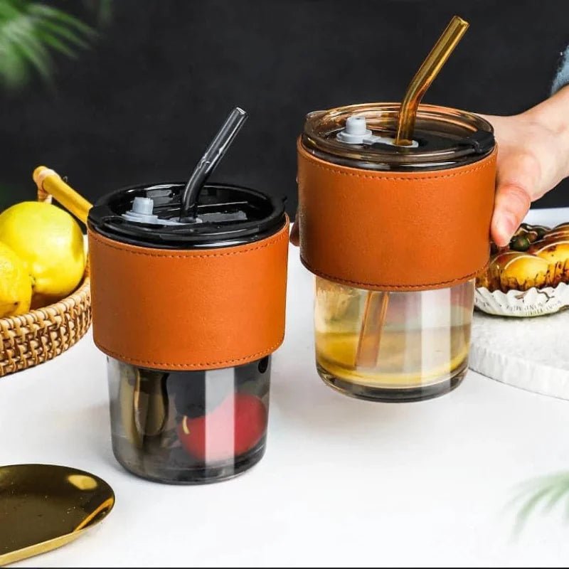 Bamboo Joint Glass Cup with Lid & Straw | 13oz Can - Shaped Tumbler with Leather Sleeve - Tumbler Bank