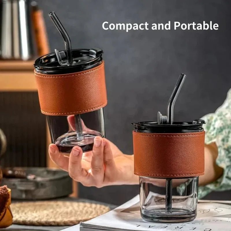 Bamboo Joint Glass Cup with Lid & Straw | 13oz Can - Shaped Tumbler with Leather Sleeve - Tumbler Bank