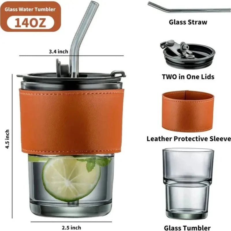 Bamboo Joint Glass Cup with Lid & Straw | 13oz Can - Shaped Tumbler with Leather Sleeve - Tumbler Bank
