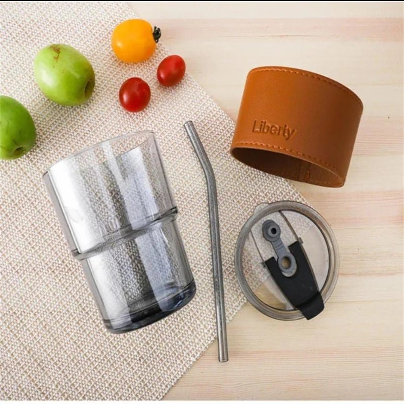 Bamboo Joint Glass Cup with Lid & Straw | 13oz Can - Shaped Tumbler with Leather Sleeve - Tumbler Bank